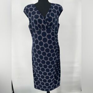 RALPH LAUREN  NAVY & WHITE POLKA DOES DRESS V-NECK‎ & GATHERED AT LEFT WAIST